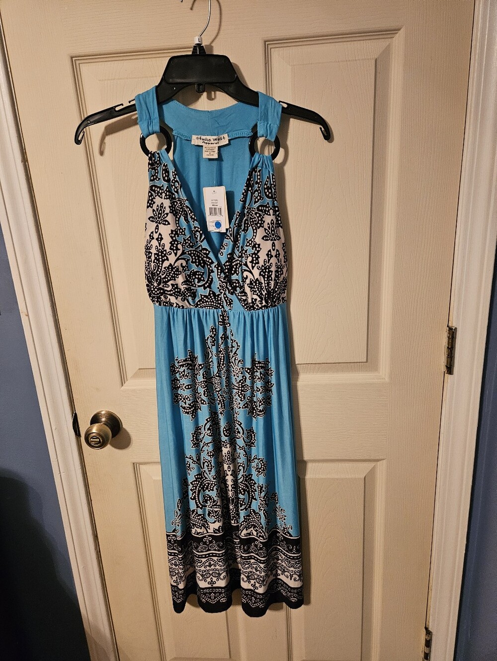 Blue & White Patterned Halter Maxi Dress